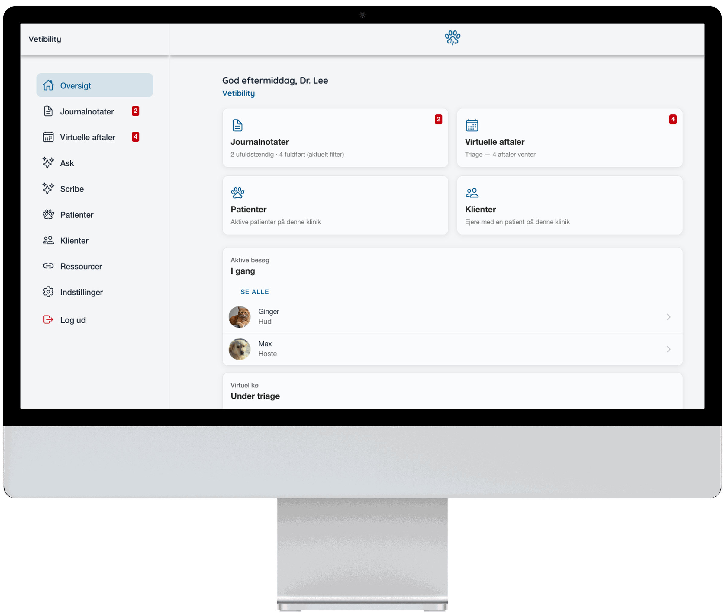 Vetibility-webapp: dashboard, triage, besøgsjournaler og telemedicin