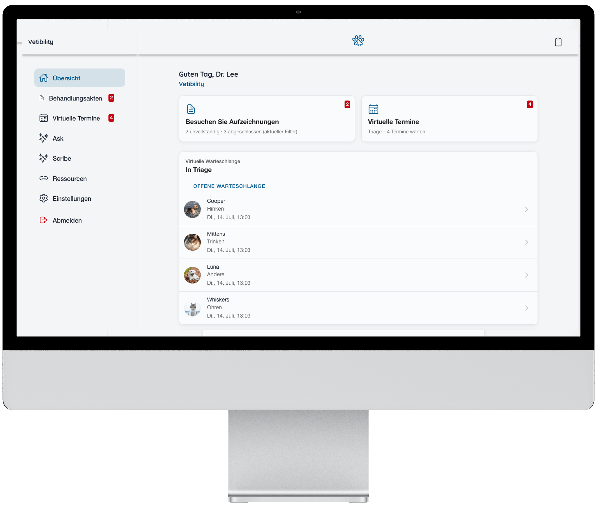 Vetibility Web-App: Dashboard, Triage, Konsultationsdokumente und Telemedizin