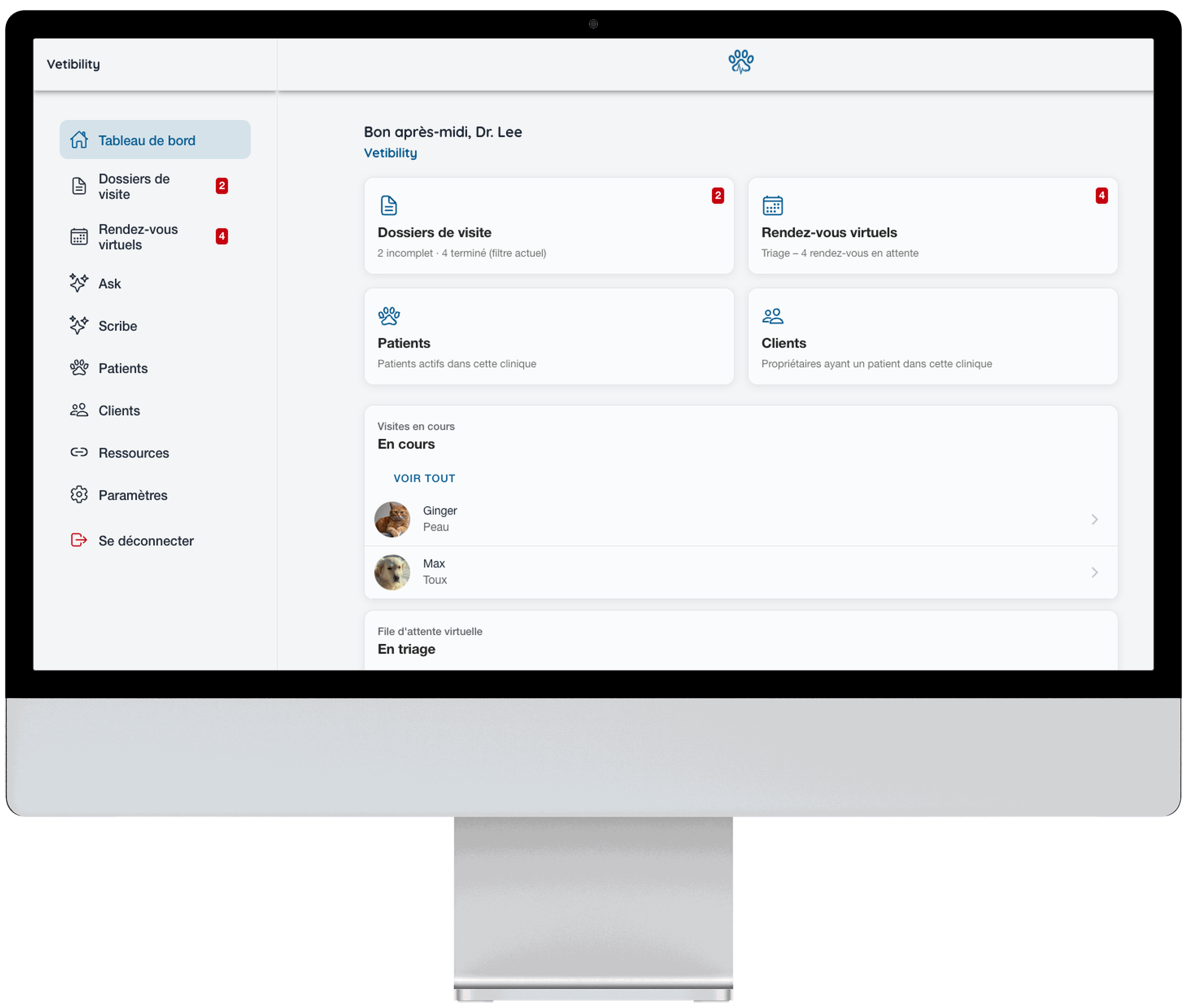 Application Web Vetibility : tableau de bord, triage, dossiers de consultation et télésanté
