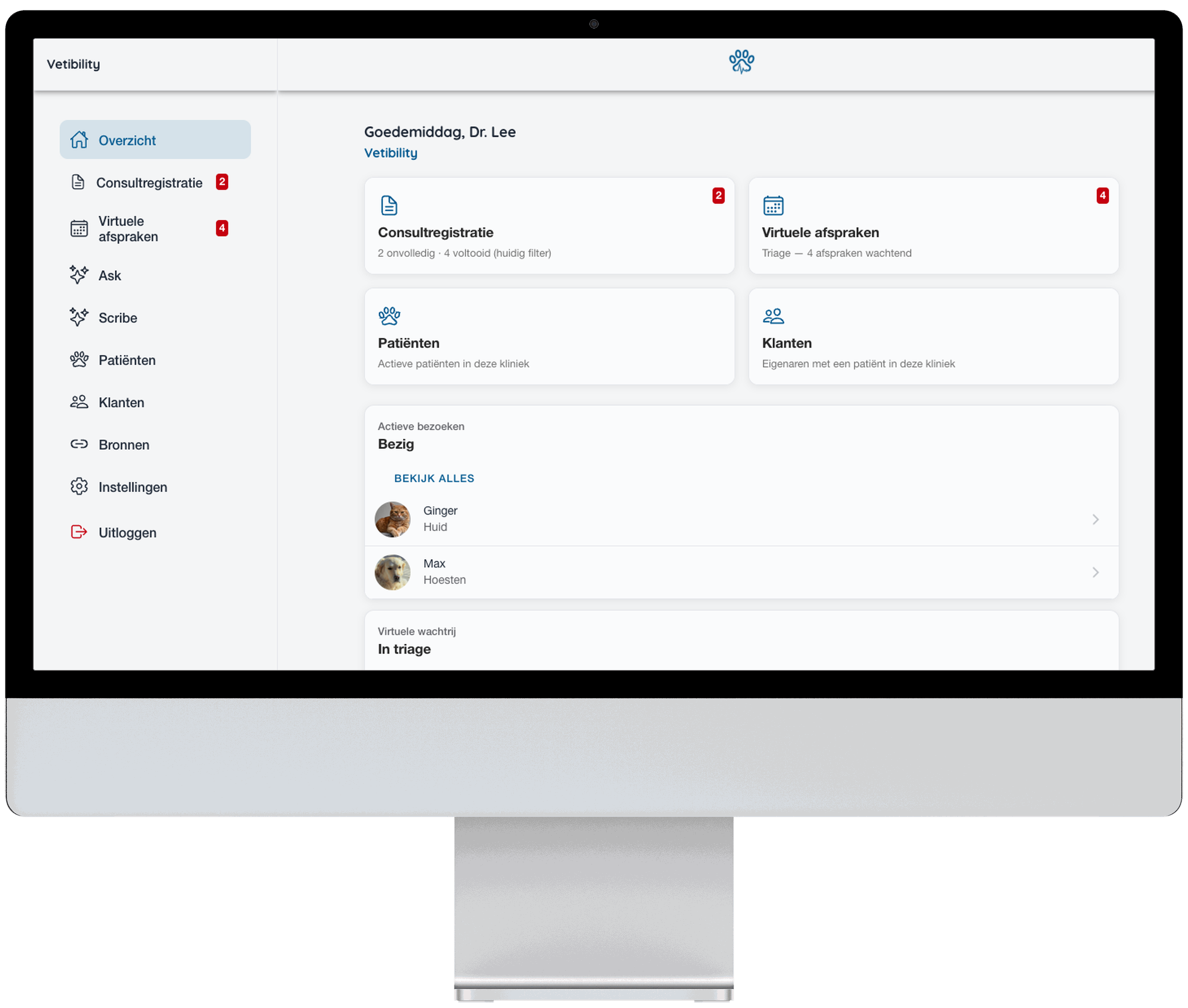Vetibility Web-App: dashboard, triage, consultdocumentatie en telegeneeskunde