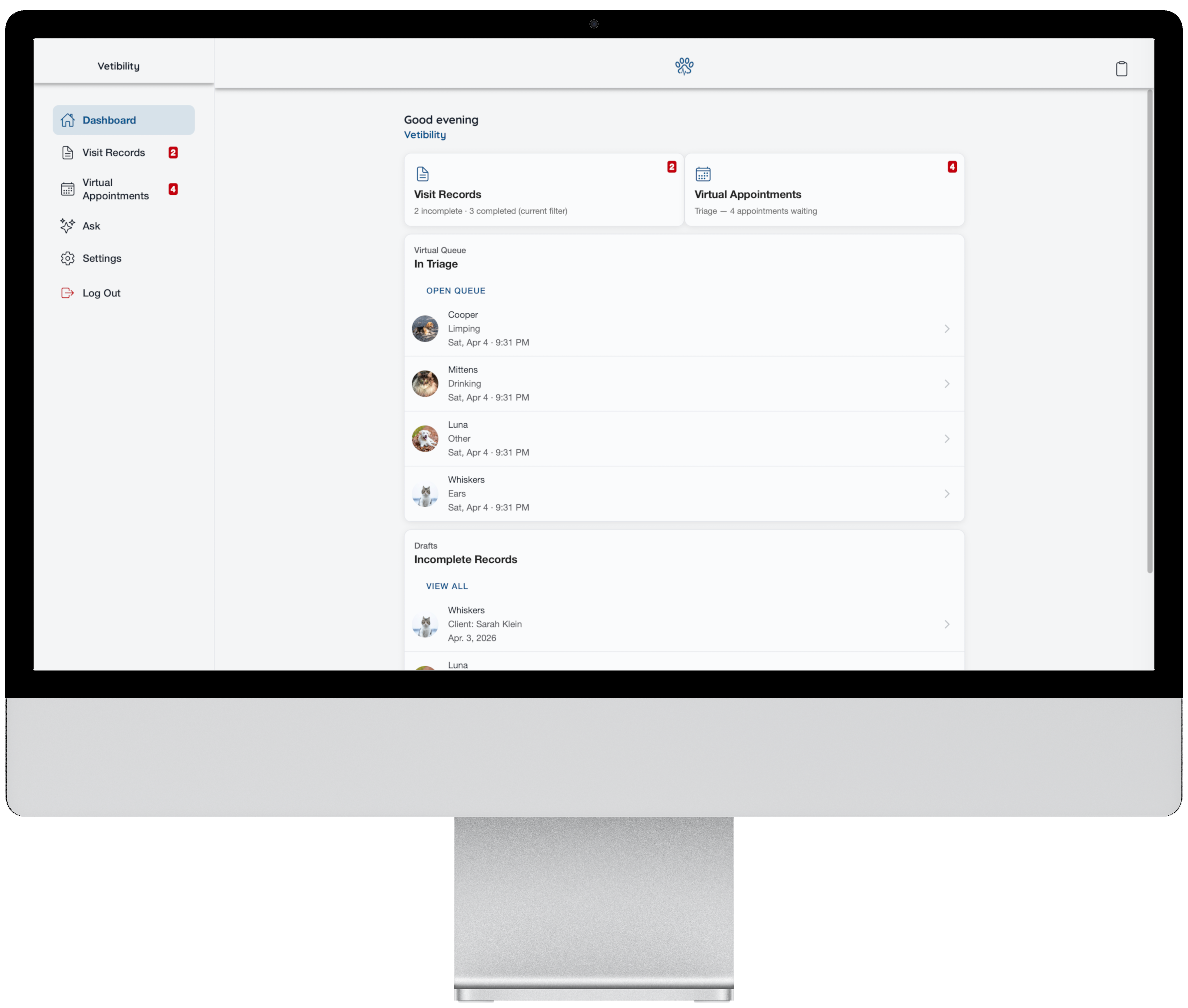 Vetibility web app: dashboard, triage, visit records, and telehealth