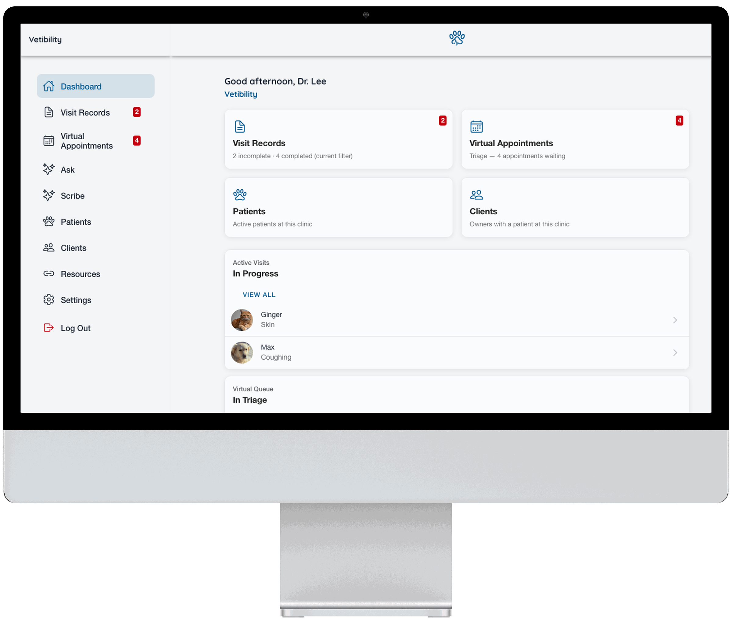 Vetibility web app: dashboard, triage, visit records, and telehealth