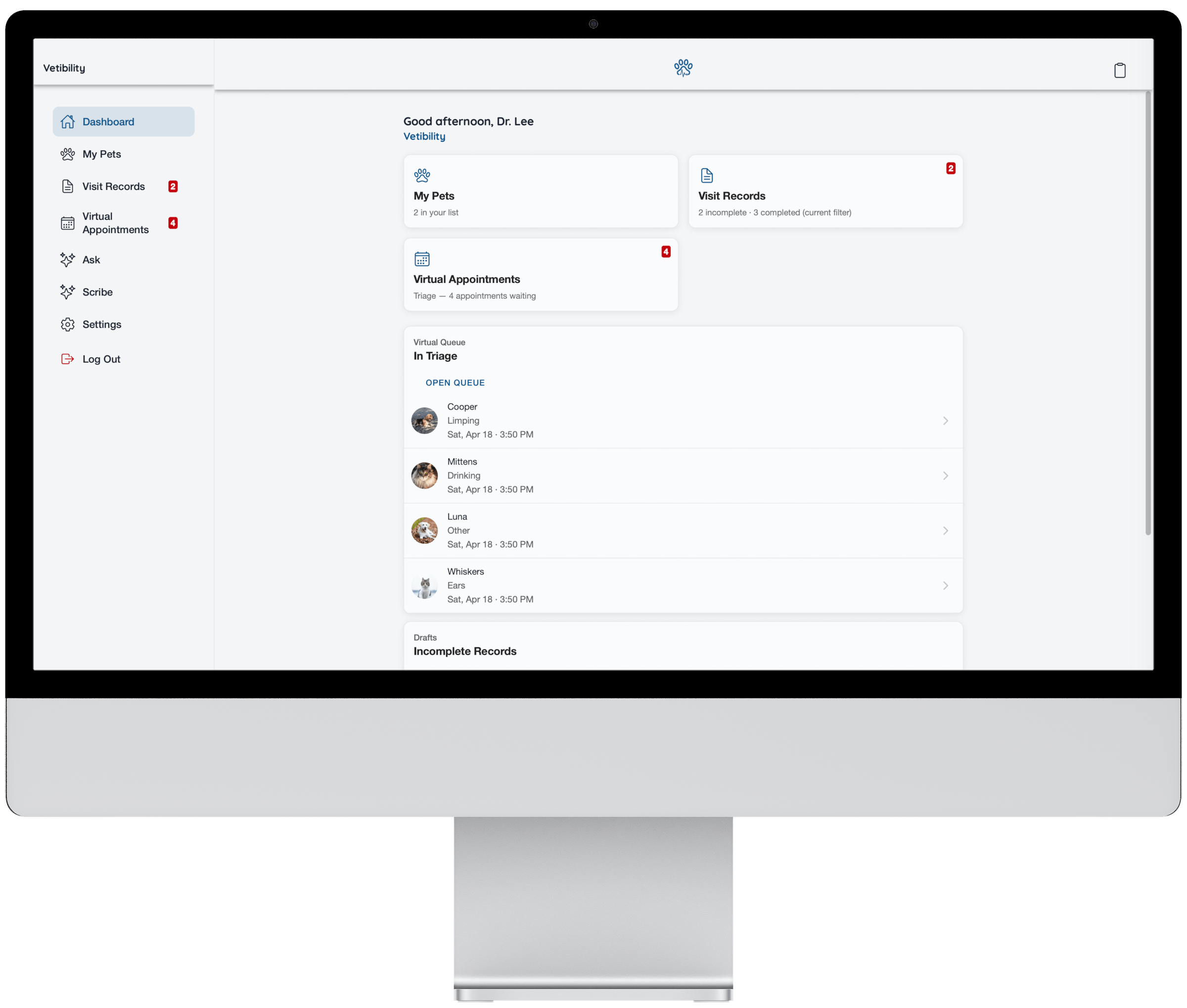 Vetibility web app: dashboard, triage, visit records, and telehealth