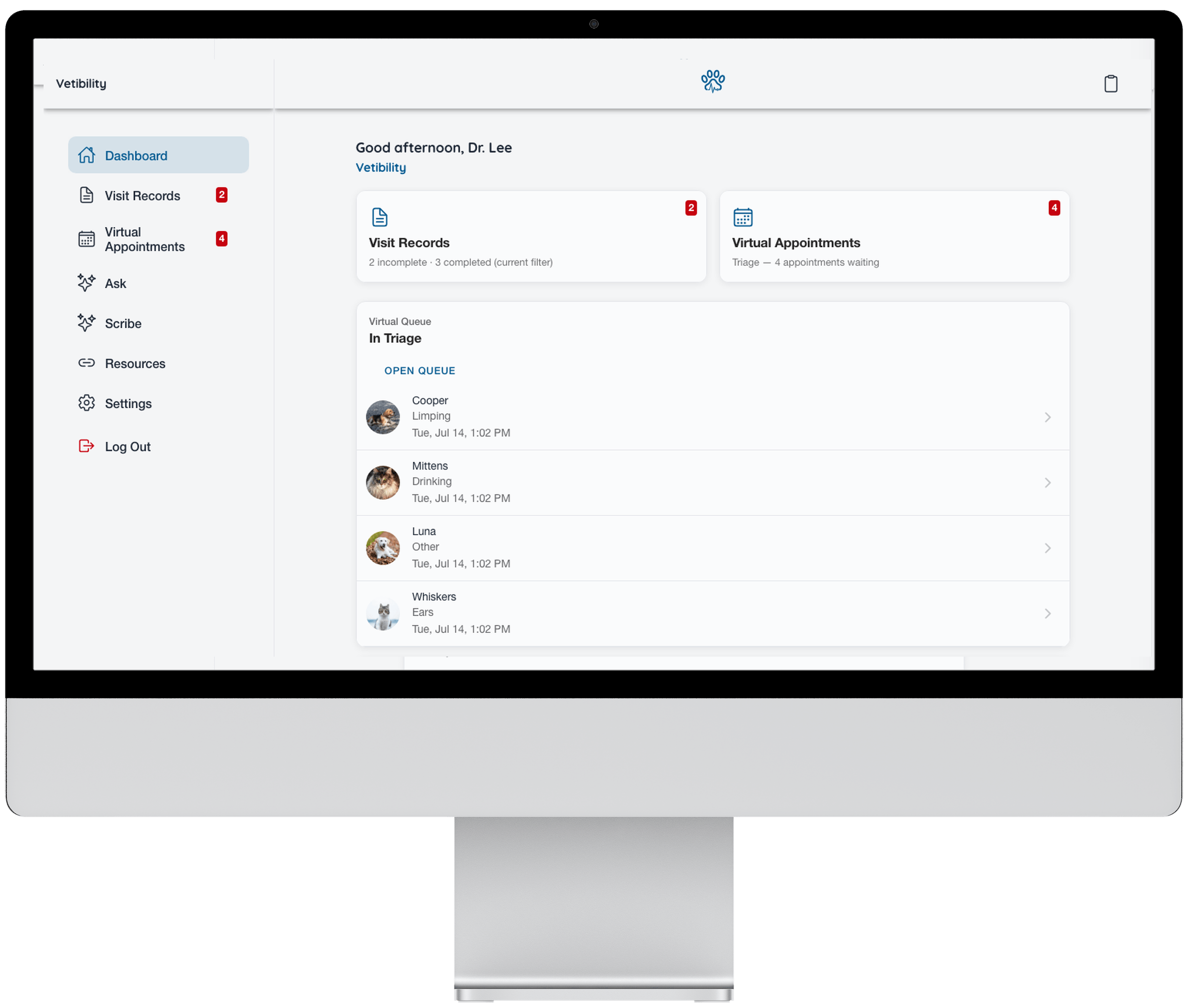 Vetibility web app: dashboard, triage, visit records, and telehealth
