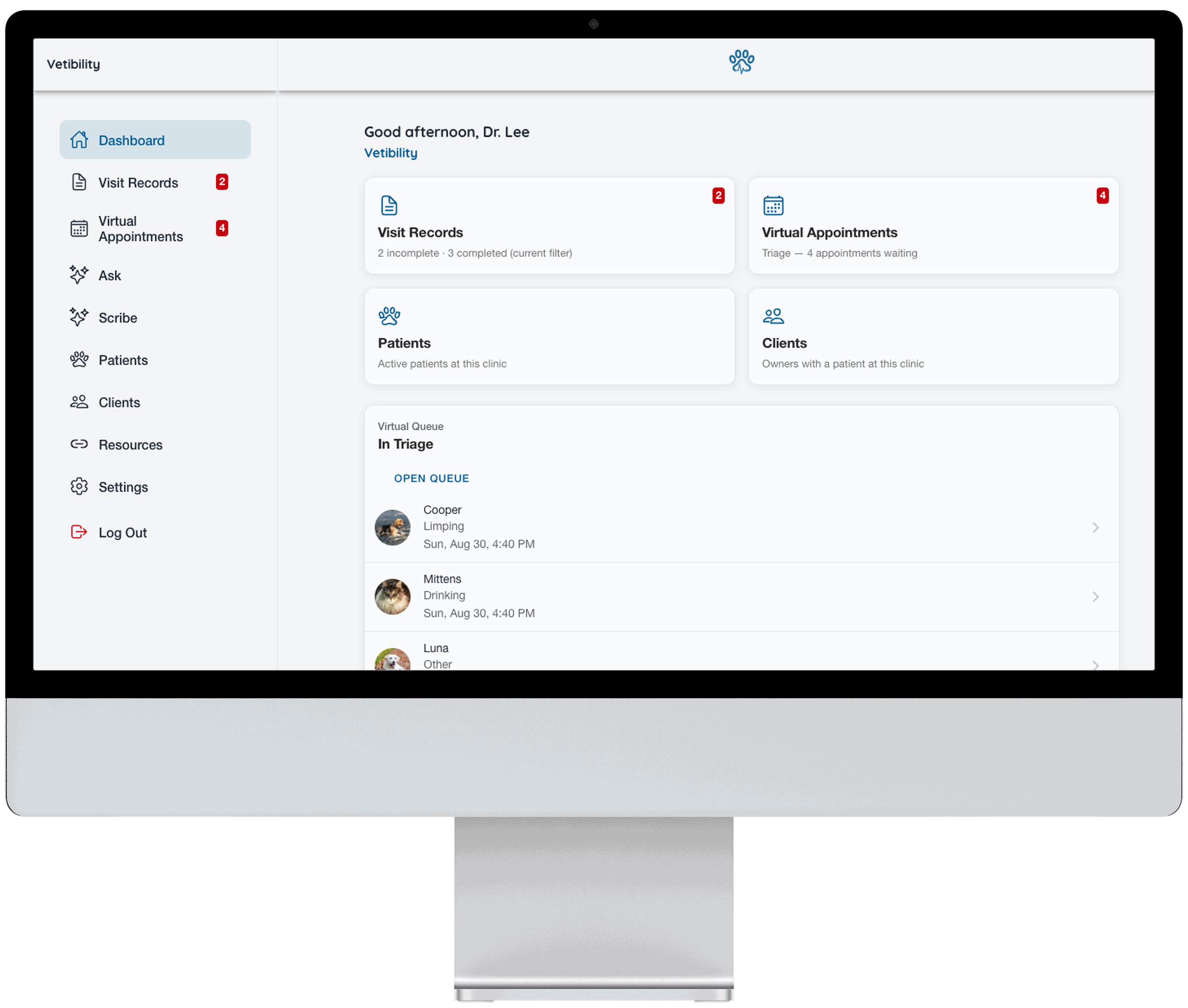 Vetibility web app: dashboard, triage, visit records, and telehealth
