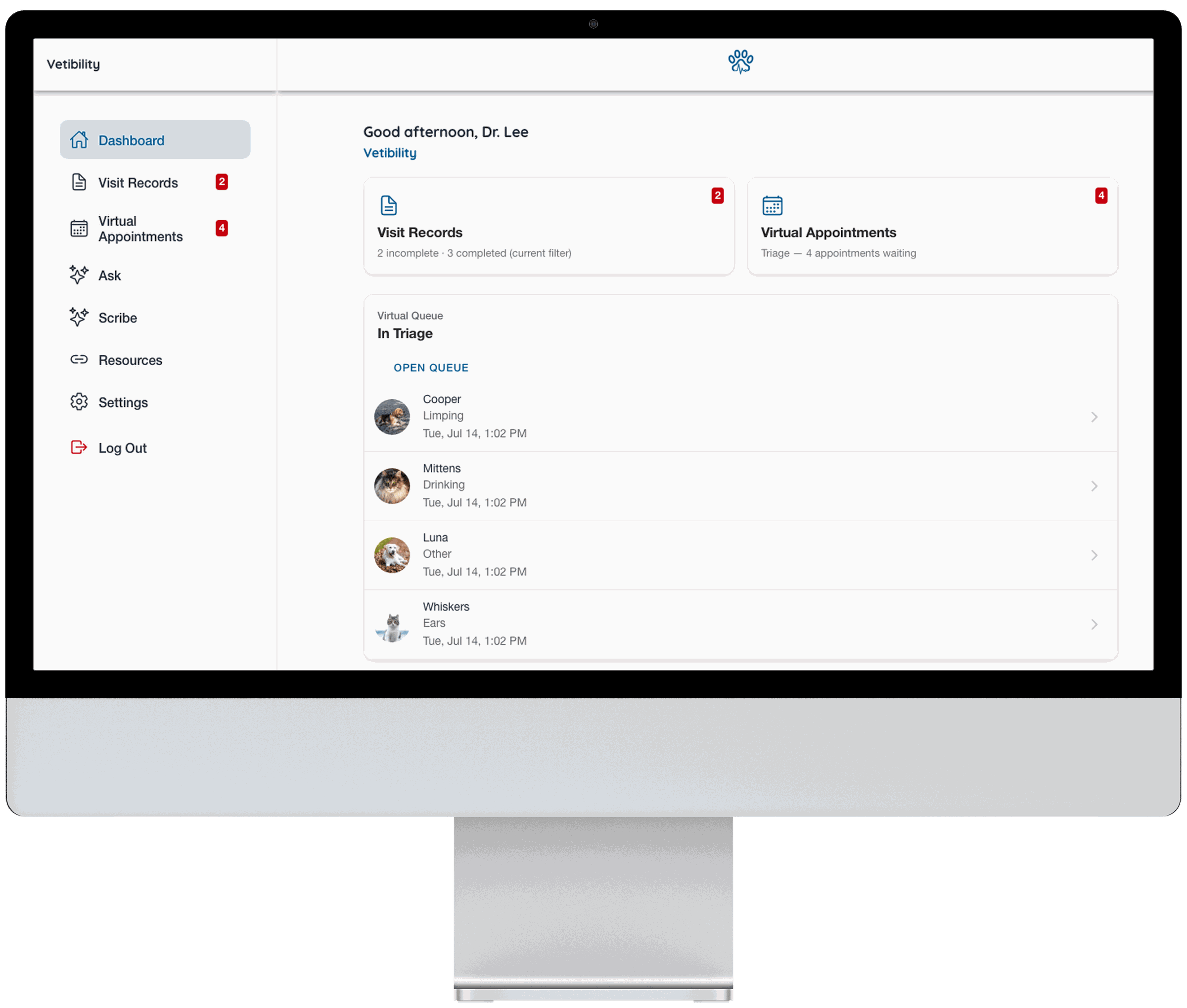 Vetibility web app: dashboard, triage, visit records, and telehealth