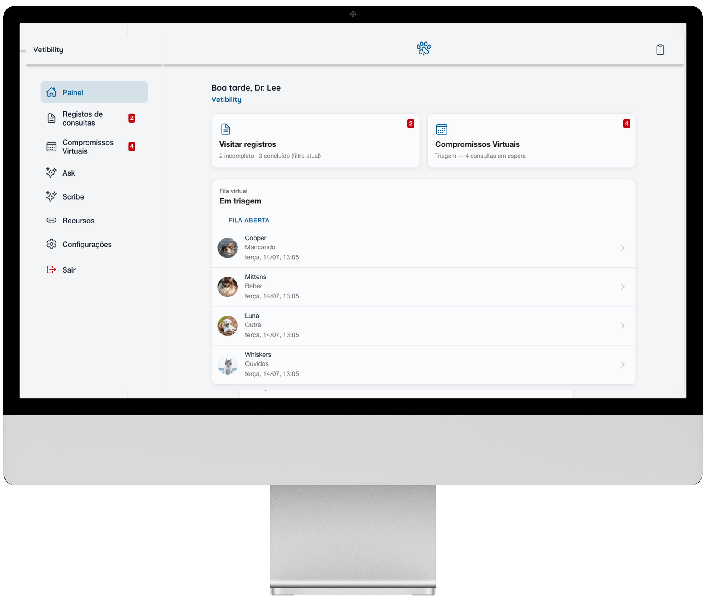Aplicação web Vetibility: painel, triagem, registos de consultas e telemedicina