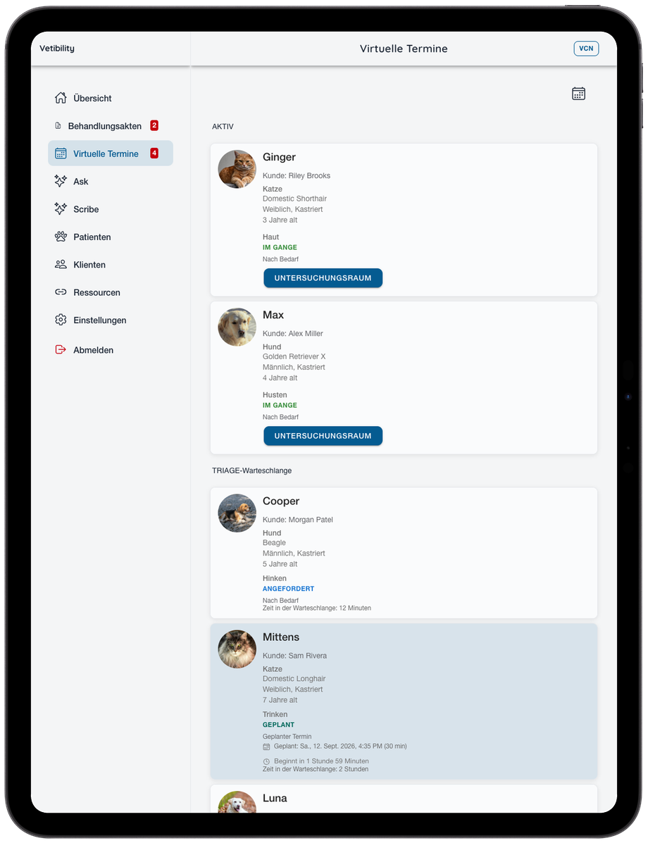 Vetibility auf iPad: Konsultation in der Praxis und Telemedizin-Workflow (VCN)