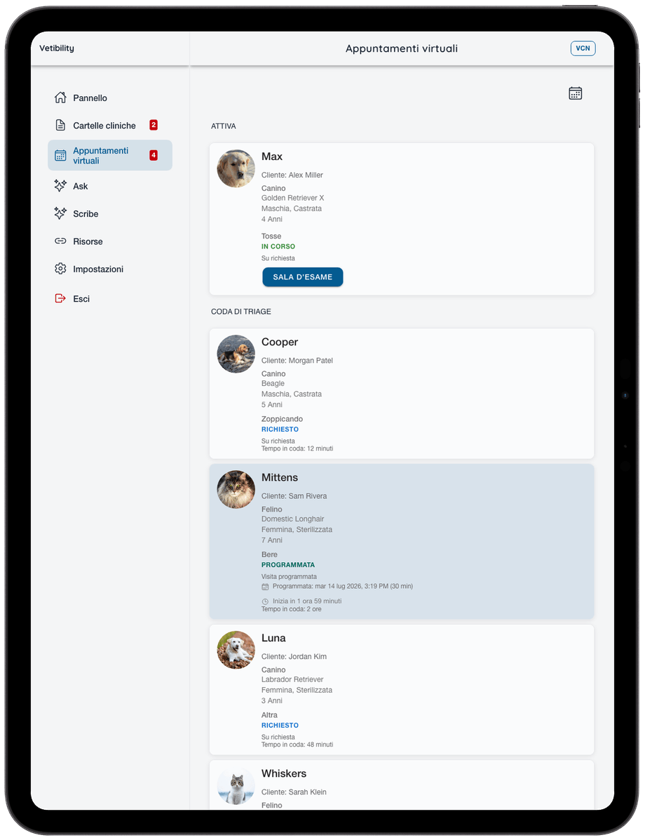 Vetibility su iPad: flusso di lavoro per visite in clinica e telemedicina (VCN)