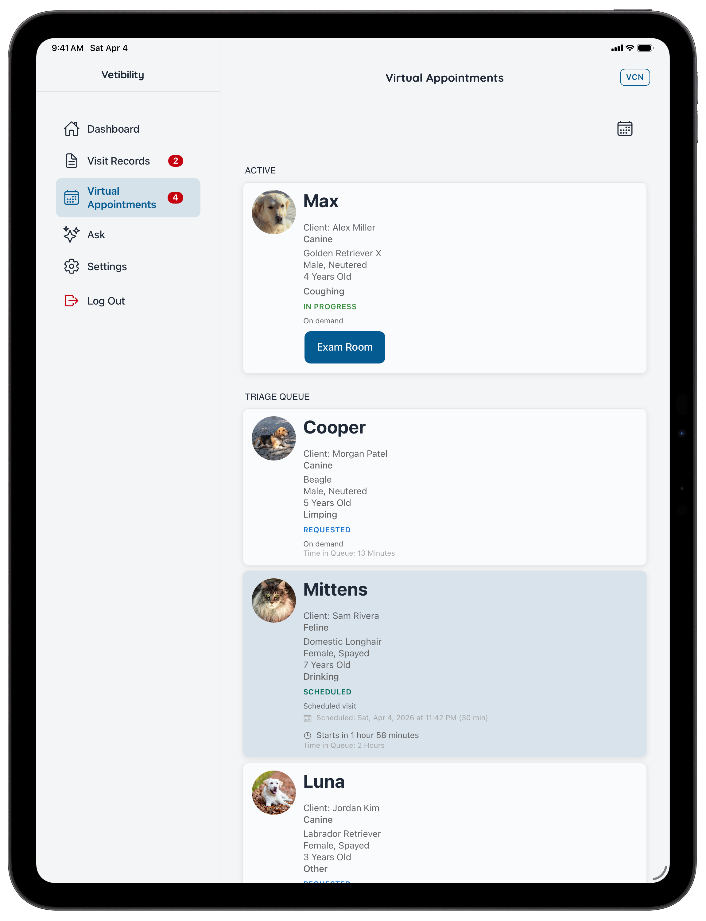 Vetibility on iPad: clinic visit and telehealth workflow (VCN)