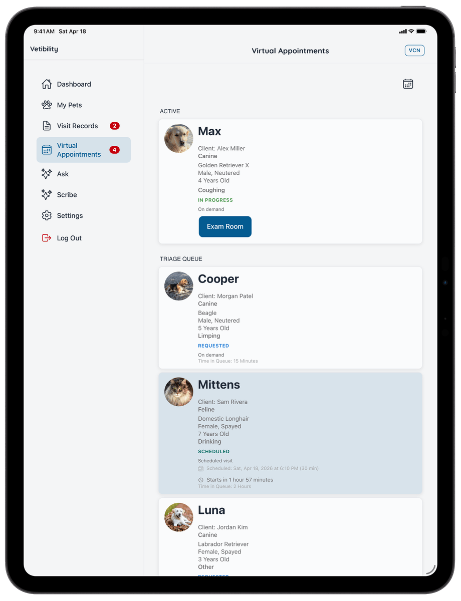 Vetibility on iPad: clinic visit and telehealth workflow (VCN)