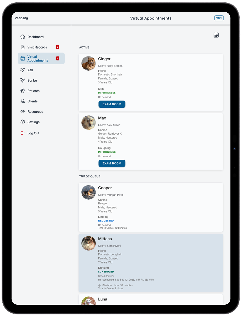 Vetibility on iPad: clinic visit and telehealth workflow (VCN)