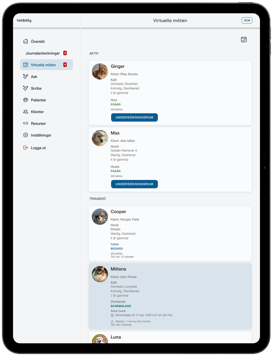 Vetibility på iPad: klinikbesök och telemedicinskt arbetsflöde (VCN)