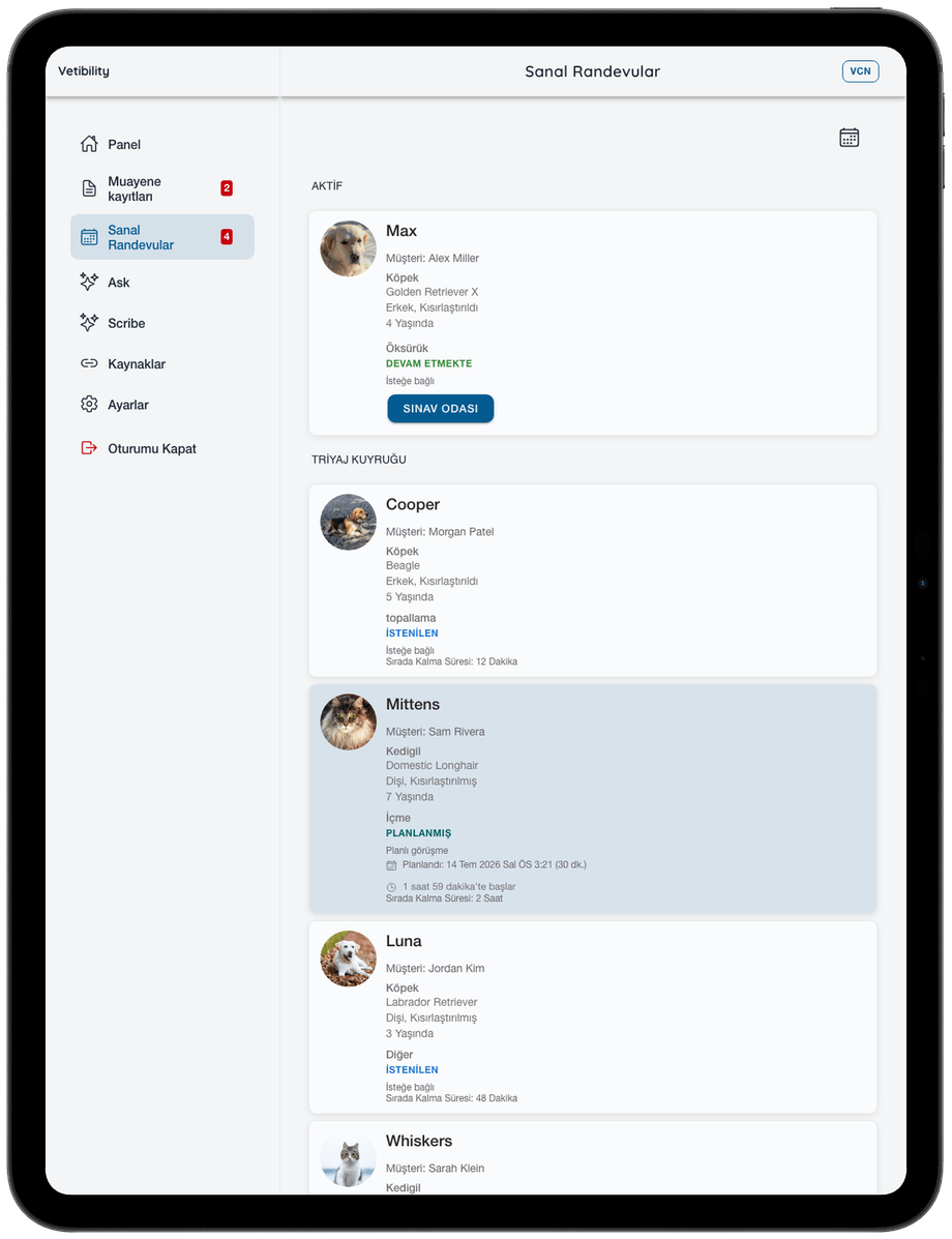Vetibility iPad'de: klinik randevusu ve telesağlık iş akışı (VCN)