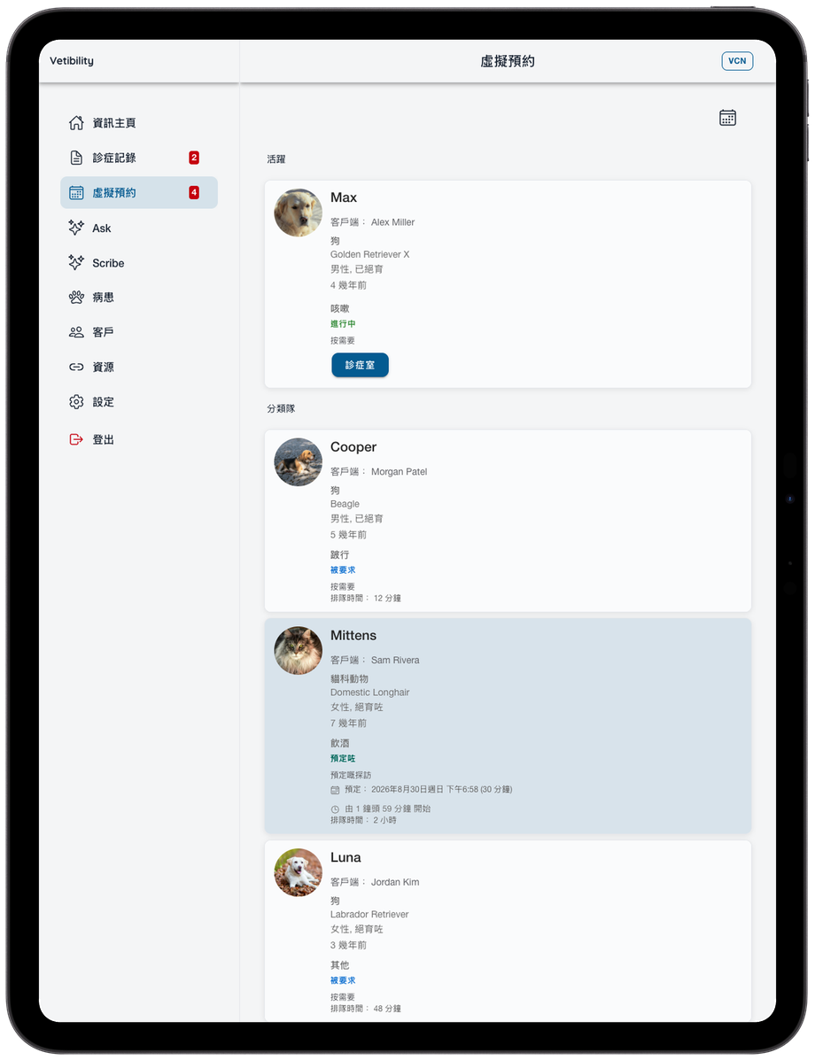 iPad 上嘅Vetibility:診所診症同遠端健康工作流程( VCN )