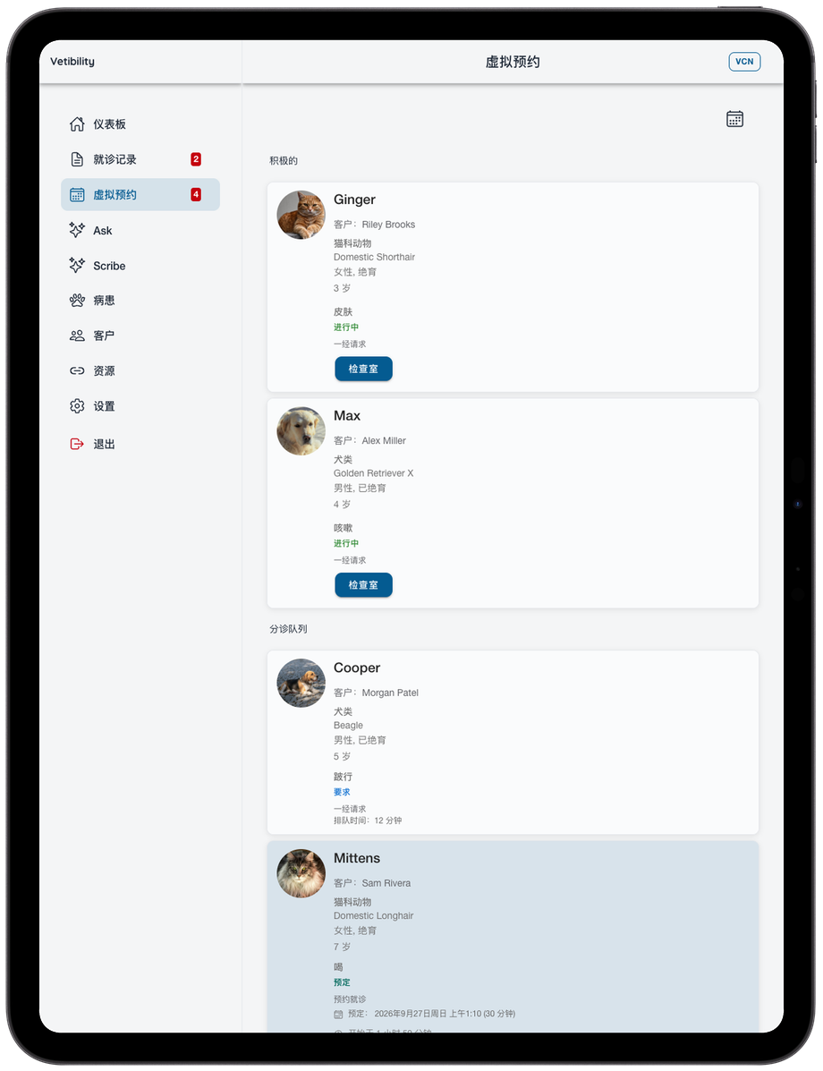 iPad 上的 Vetibility:诊所就诊和远程医疗工作流程 (VCN)