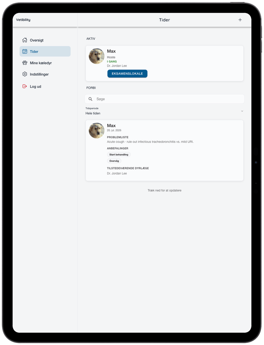 Vetibility virtuelle besøg på iPad til dyreejere