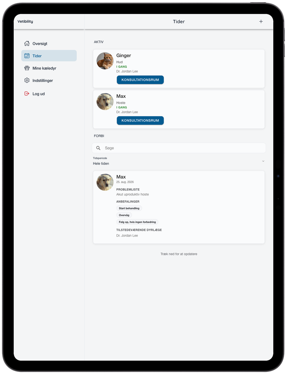 Vetibility virtuelle besøg på iPad til dyreejere