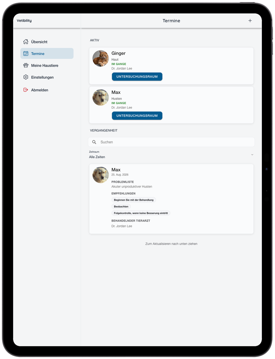 Virtuelle Vetibility-Termine auf iPad für Tierhalter