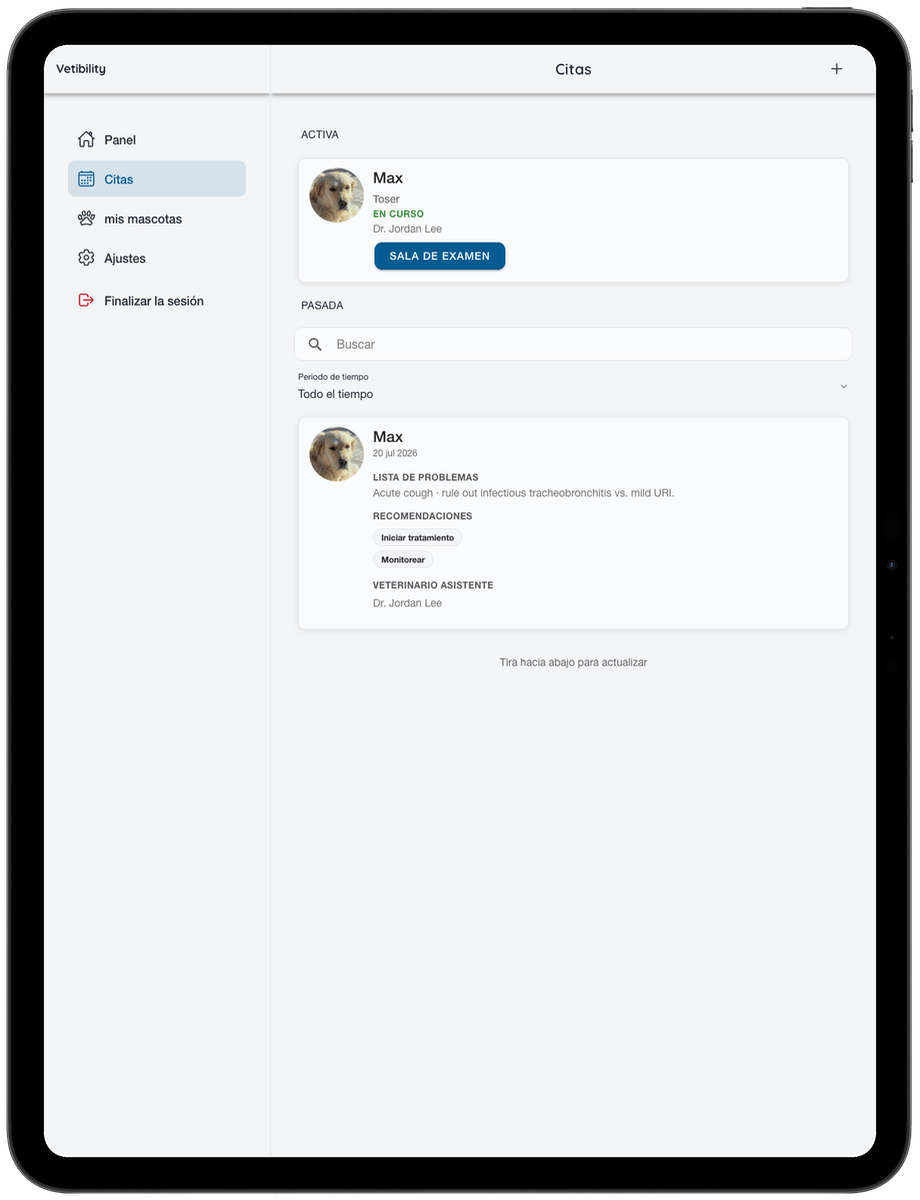 Citas virtuales de Vetibility en iPad para propietarios de mascotas