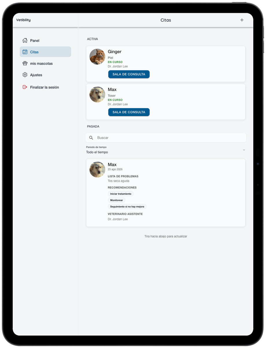 Citas virtuales de Vetibility en iPad para propietarios de mascotas