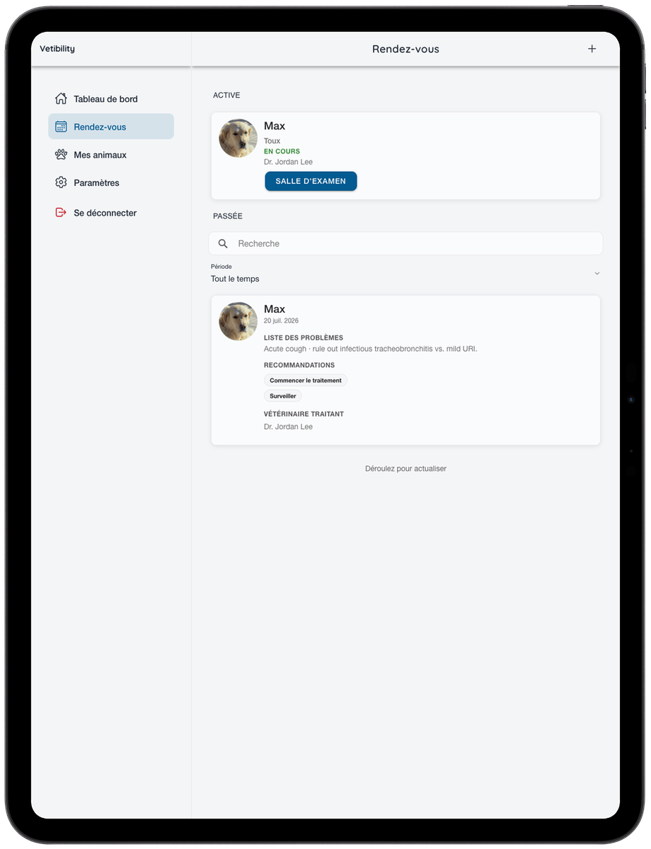 Rendez-vous virtuels Vetibility sur iPad pour propriétaires d'animaux