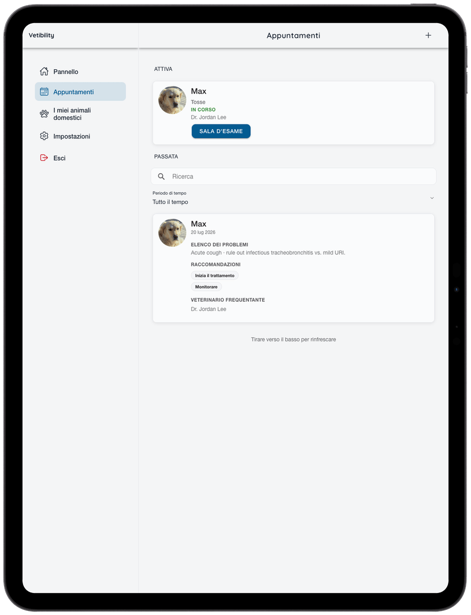 Appuntamenti virtuali Vetibility su iPad per proprietari di animali