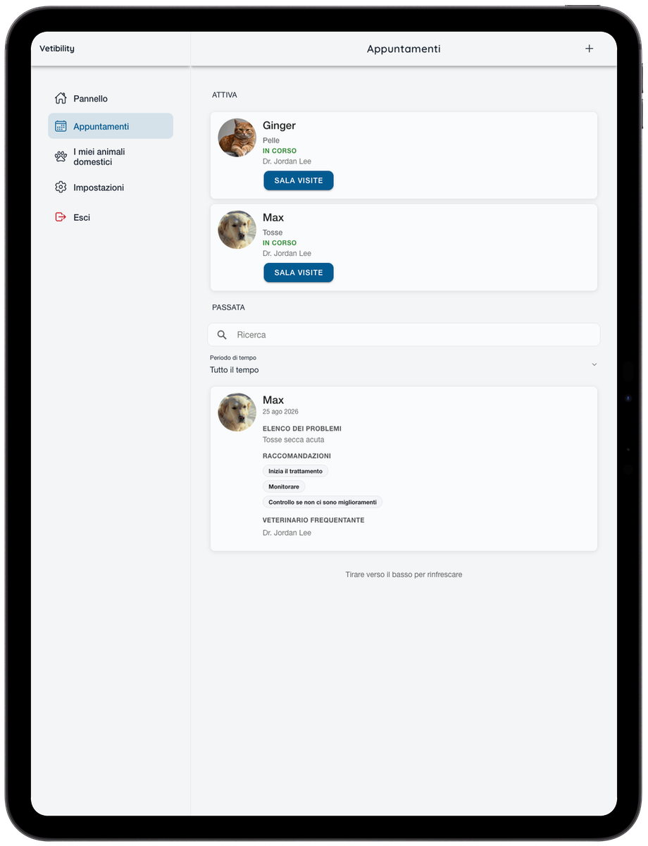 Appuntamenti virtuali Vetibility su iPad per proprietari di animali