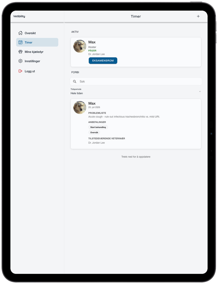 Vetibility virtuelle besøg på iPad til dyreeiere