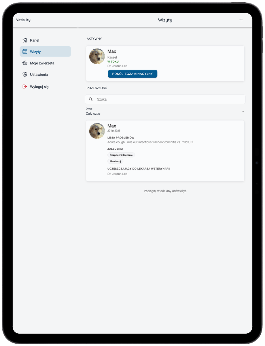 Wirtualne wizyty Vetibility na iPadzie dla właścicieli zwierząt