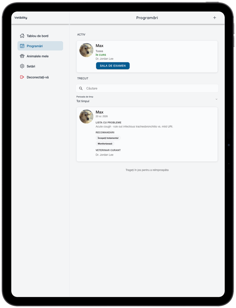 Programări virtuale Vetibility pe iPad pentru proprietarii de animale