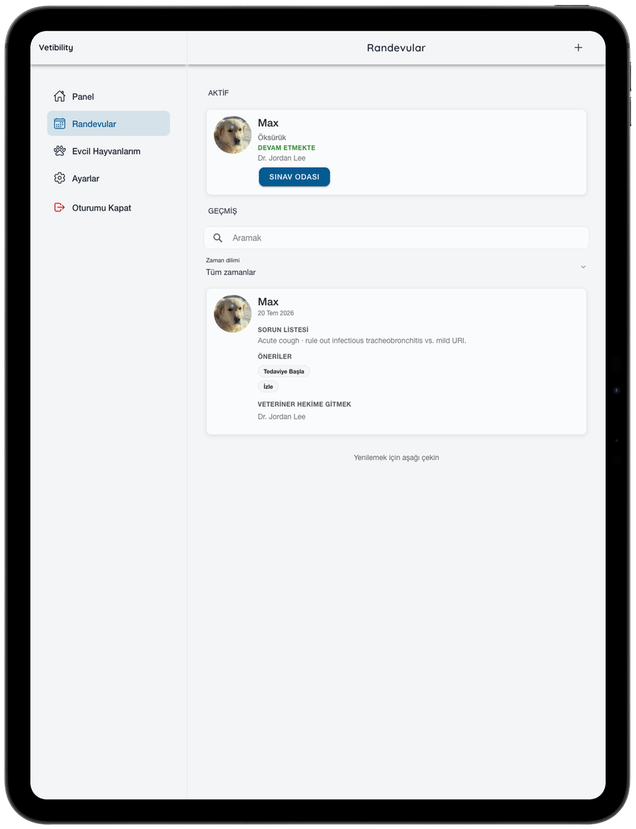 Evcil hayvan sahipleri için iPad'de Vetibility sanal randevuları