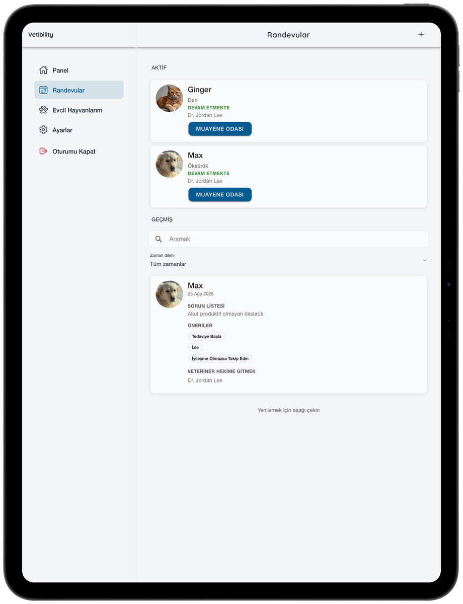 Evcil hayvan sahipleri için iPad'de Vetibility sanal randevuları